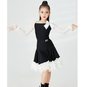 Girls kids white with black lace bowknot latin dance dresses for children modern salsa ballroom juvenile dance gown for kids